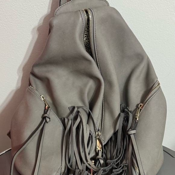 Handbags - Gray Leather like  Backpack with Fringe